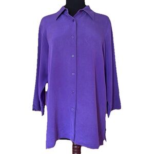 Wintersilks Deep Purple Silk Blend Button Down Blouse 3/4 Sleeves Size Large
